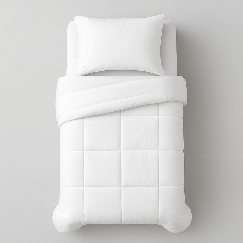 Neatly made Twin XL bed with white comforter and pillows for college dorm setup