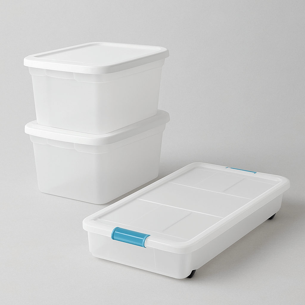 Set of clear plastic storage bins and a low-profile underbed container for dorm organization