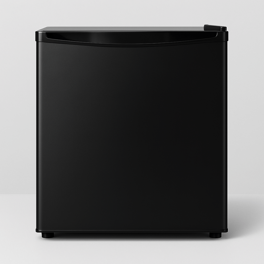 Compact black mini fridge with freezer compartment, ideal for college dorm rooms