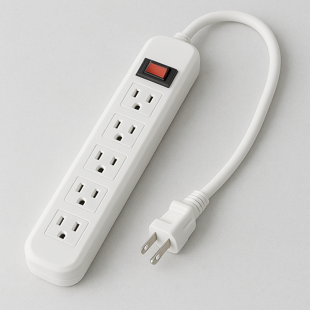 Five-outlet white surge protector with USB ports for powering dorm electronics