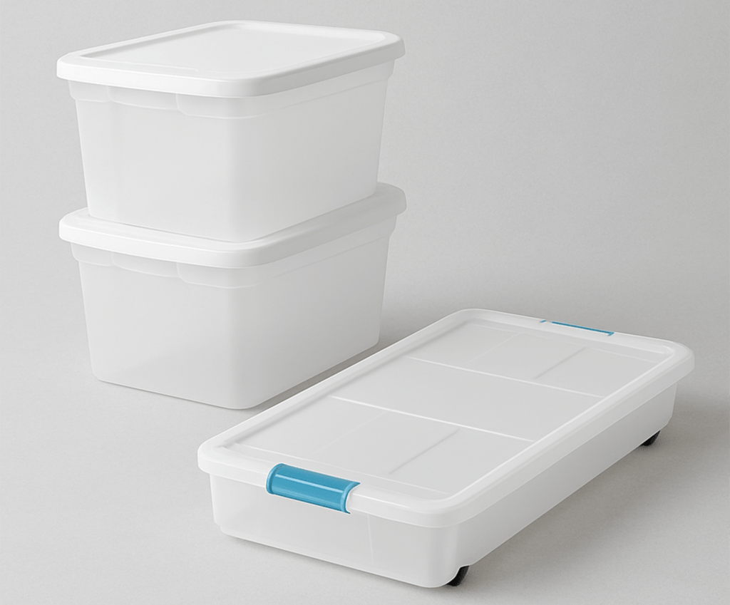Set of clear plastic storage bins and a low-profile underbed container for dorm organization