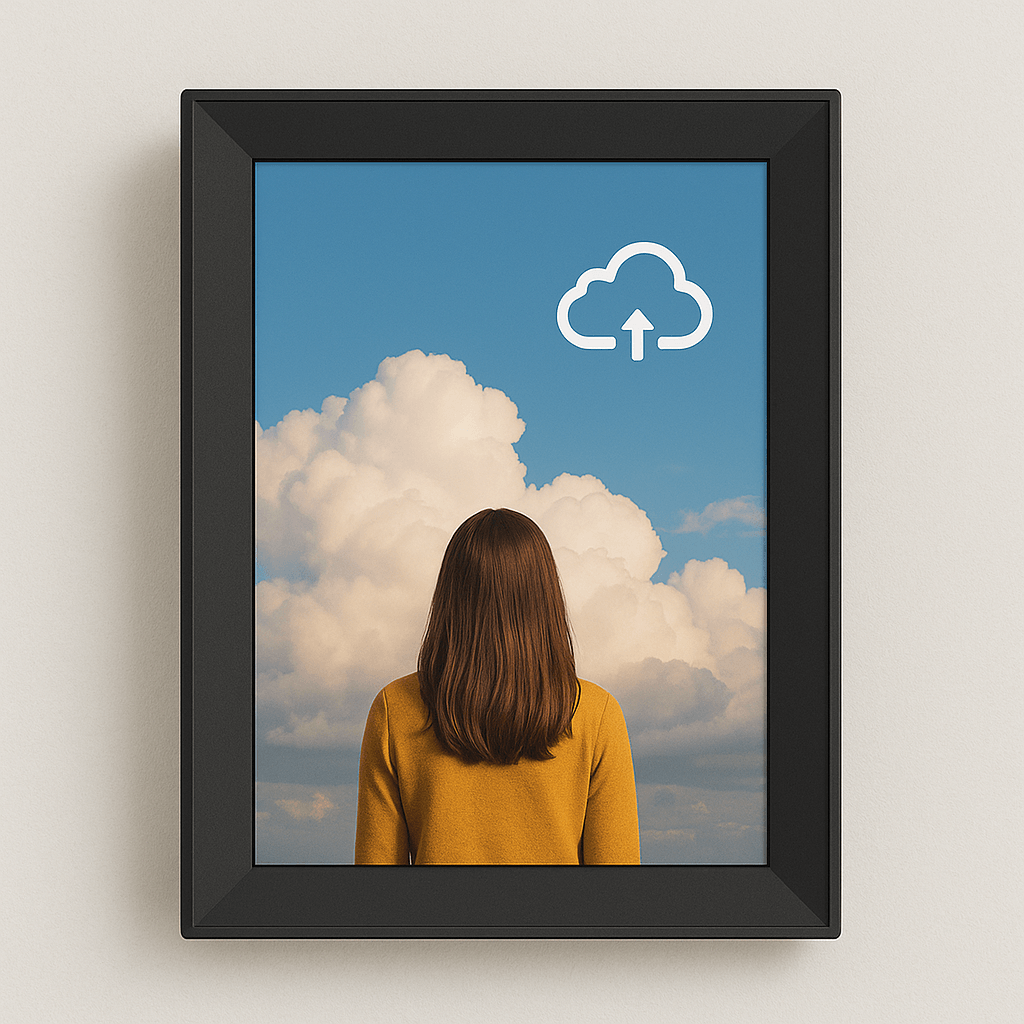 Cloud-backed digital photo frame with family pictures