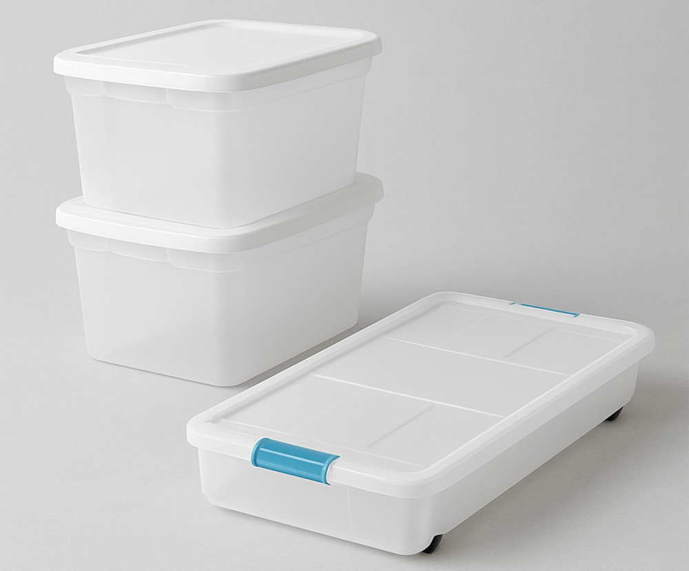 thumb5gifts Set of clear plastic storage bins and a low-profile underbed container for dorm organization